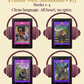 Four-audiobook graphic restoring the original book covers